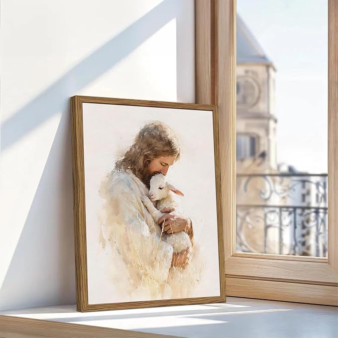 Jesus and Lamb Wall Art, Christian Good Shepherd Wall Decor Picture, Religious Faith Poster Painting Canvas Print for Living Dining Prayer Room Bedroom 16x24 inch Wood Framed
