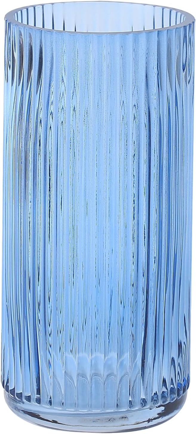 Ribbed Glass Vase, Blue Glass Vase for Bouquet, Modern Vases for Flowers, Ribbed Vases for Living Room, Bathroom, Dining Table, Office, Wedding, Centerpieces, 8 Inches