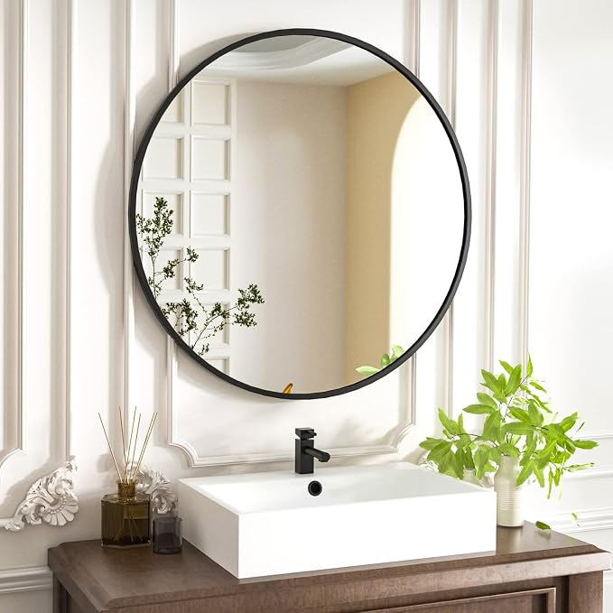 HARRITPURE Round Mirror 23.6" Black Wall Mounted Circle Mirror with Aluminum Alloy Frame Modern Design for Bathroom, Living Room, Vanity, Bedroom, Entryway