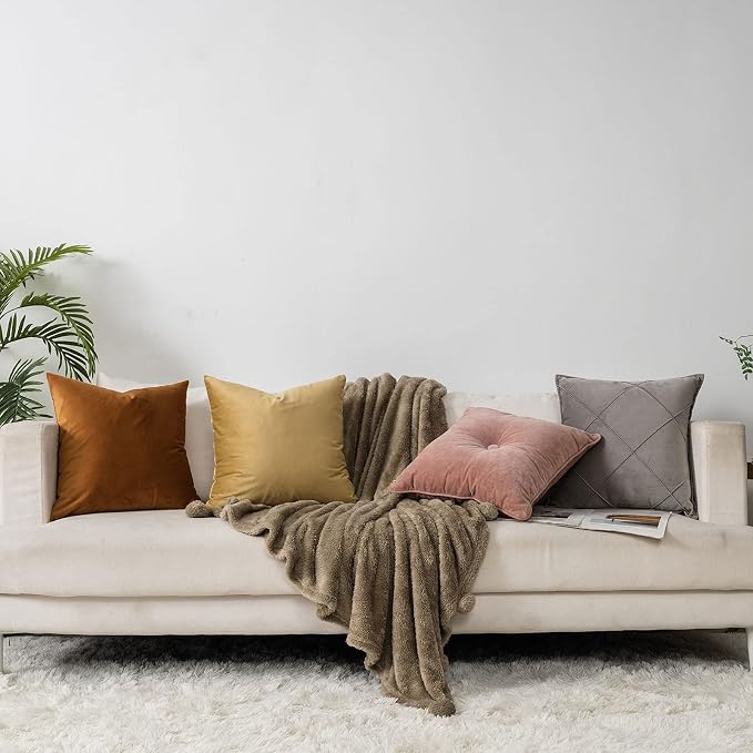 Khaki Soft Velvet Throw Pillow Covers 18x18 inch Set of 2 for Sofa Couch Bed Living Room Decorative Luxury Solid Square Cushion Covers Case with Zipper