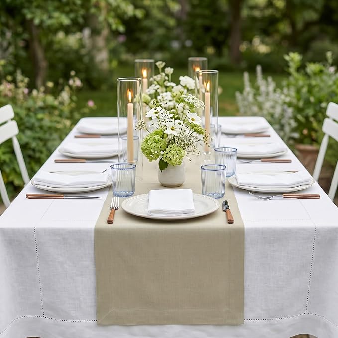 Solino Home 100% Pure Linen Dining Table Runner Khaki, Fete 14 x 90 in Long | Table Runners for dining, console and side tables, neatly mitered corners, artisan crafted, Vintage Khaki, OEKO-TEX Certified