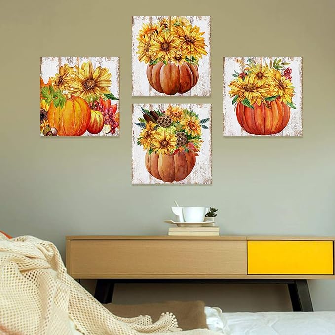 Fall Wall Art Rustic Pumpkin Pictures for Kitchen Farmhouse Sunflower Wall Decor Living Room Autumn Harvest Painting Canvas Prints Artwork Halloween Dining Room Thanksgiving Home Decorations 12x12" 4P