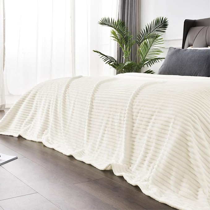 BEDELITE 3D Ribbed Jacquard Cream King Size Blankets for Bed, 108x90 Inch | Soft Warm Decorative Fluffy Blanket, Cozy Fuzzy Lightweight Plush Fleece Throw Blankets for Bed, Room Decor, Gift for Women