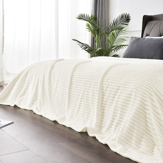 BEDELITE 3D Ribbed Jacquard Cream Blankets Queen Size for Bed, 90x90 Inch | Soft Warm Decorative Fluffy Blanket, Cozy Fuzzy Lightweight Plush Fleece Throw Blankets for Bed, Room Decor, Gift for Women