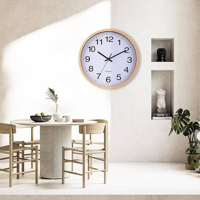 Wall Clock 12 Inch Wooden Frame Glass Cover Non-Ticking Number Quartz Modern Quartz Design Decorative Bedroom Kitchen Office Classroom Light Brown
