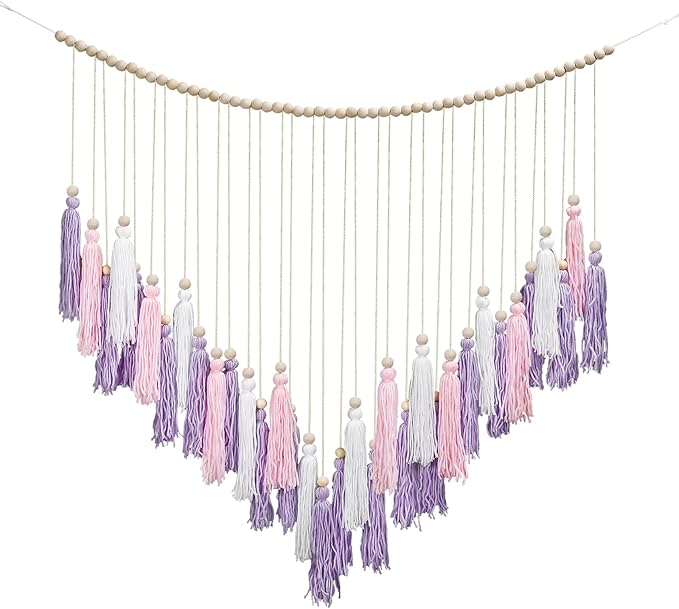 Luxbrand Pink & Purple Macrame Hanging Boho Wall décor, Large Tassel Wall Hanging with Wood Beads, Purple Wall Decor for Bedroom Living Room Girls Room Nursery, 41" W x 32" H