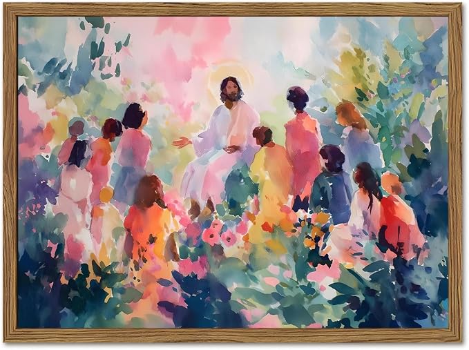 Framed Jesus With Children Wall Art, Christian Jesus Teaching Kids Wall Decor Paintings, Religious Nursery Poster Canvas Prints Artwork for Living Prayer Room Bedroom 12x16 inch
