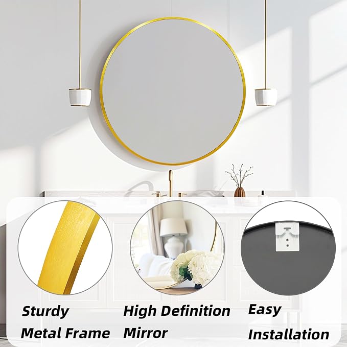 Gold Circle Mirror 22 inch, Round Mirror, Brushed Gold Metal Frame | Circular Wall Mirrors for Bathroom, Bedroom, Entryway, Living Room, Hallway, Over Sink, Wall Decor,Vanity,Golden,Brass,Rustic