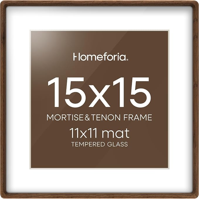 Homeforia 15x15 Mortise&Tenon Walnut Picture Frame, 11x11 Mat, Glass