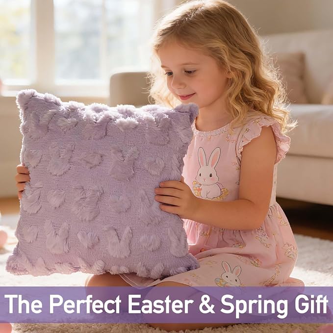 ONFAON Easter Decorations-Easter Day Pillow Covers, Set of 2 Soft Plush Short Wool Velvet Purple Throw Pillow Covers Farmhouse Seasonal Cushion Case Decoration for Sofa Couch 18 x 18 Inch