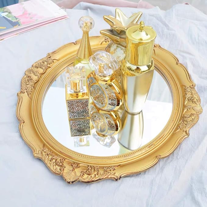 Vintage Carved Decorative Wall Mirror, 15”x 13.4” Hanging Mirror for Dresser Decor Bedroom Living-Room, Cosmetics Jewelry Dresser Organizer Tray (Golden-Oval)