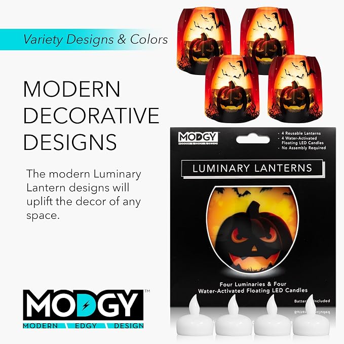 MODGY Luminary Lanterns, Halloween Candle Holders with Flameless Floating LED Candles, Indoor Outdoor Decor for Parties, Home, Windows, and Mantels, Table Centerpiece, 4-Pack, Jacko