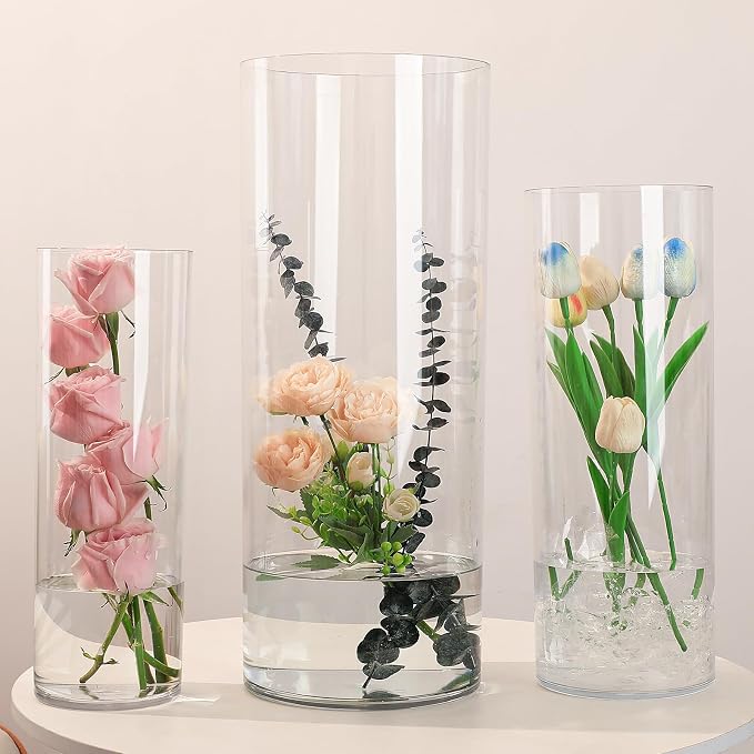 Clear Acrylic Cylinder Flower Vase Large Plastic Centerpieces Vase | Tall Shatterproof Unbreakable Transparency Vase Lightweight Easy Clean Home Decor Floral Arrangement, Hydroponics