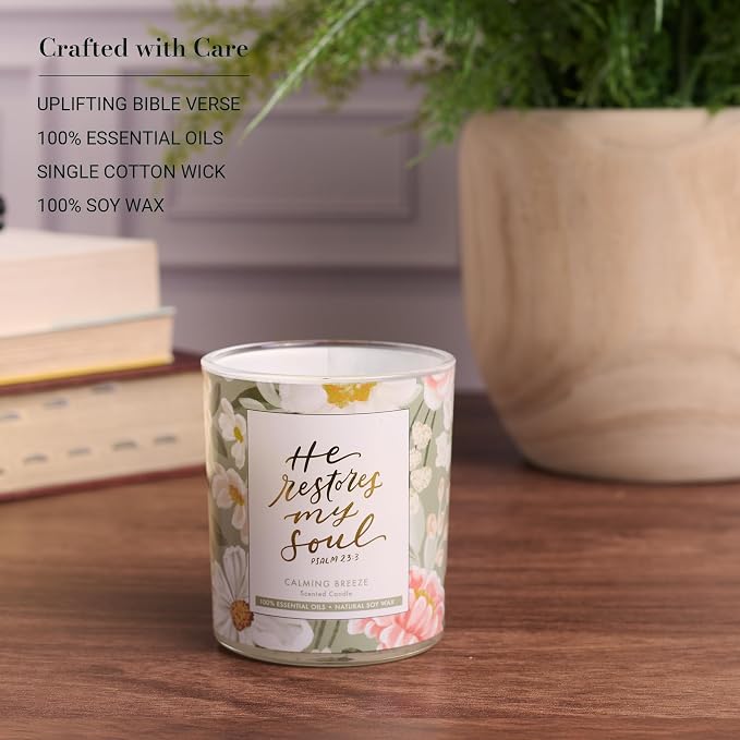 Christian Art Gifts Soy Wax Scented Candle: He Restores My Soul Bible Verse