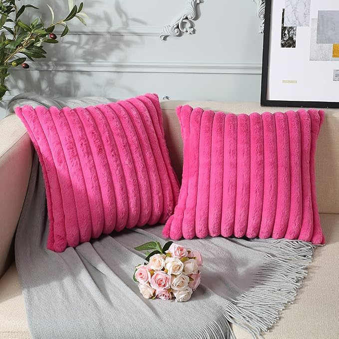 Soleebee Set of 2 Throw Pillow Covers Soft Cozy Velvet Pillowcase Faux Rabbit Fur Cover for Couch Sofa Bed Chair Home Decorative Pillows Cover (20x20 Inch, HOT Pink)