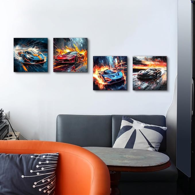 Colorful Lamborghini Wall Art Abstract Car Posters for Boys Bedroom Cyberpunk Decor Cool Racing Car Pictures Teens Men Room Graffiti Sport Themed Cars Painting Artwork Office Home Decoration 12x12" 4P