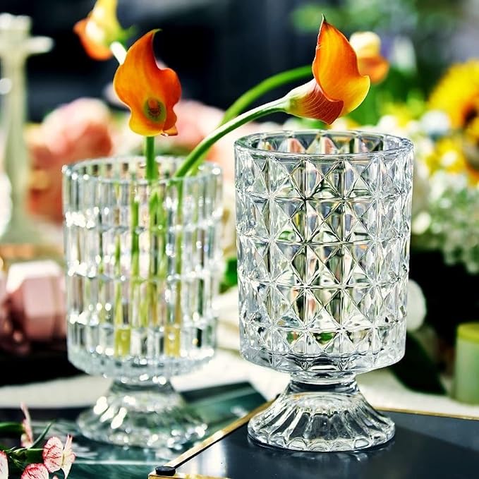 BLOFLO Embossed Glass Vase, 7'' Crystal Glass Vases for Flowers, Pedestal Big Base Glass Bouquet Vase, Hydroponic Glass Transparent Vase for Home Office Wedding Dining Table Party