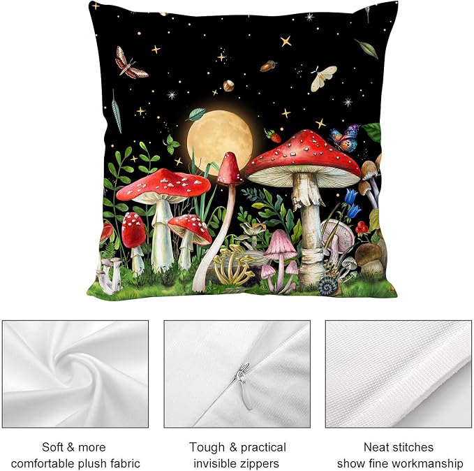 Red Mushroom Pillow Covers Aesthetic 18"x18" Witchy Cushion Covers Set of 2 Black Ourdoor Decorative Throw Pillow Cases for Couch Bed Sofa Chair,Witchy Living Room Decor