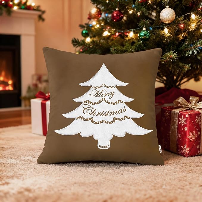 BRAWARM Christmas Pillow Cover 20 X 20 Inches, Brown Christmas Tree Embroidered Pillow Cover, Soft Velvet Decorative Throw Pillow for Couch Bed Sofa Living Room Home