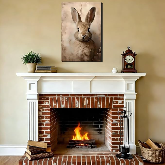RIBNTAK Brown European Rabbit Portrait Canvas Art 20x30, Vintage Gallery Wrapped Canvas Wall Art, Easter Bunny Prints for Bedroom, Kitchen Rabbit Decor & Home Wall Decoration