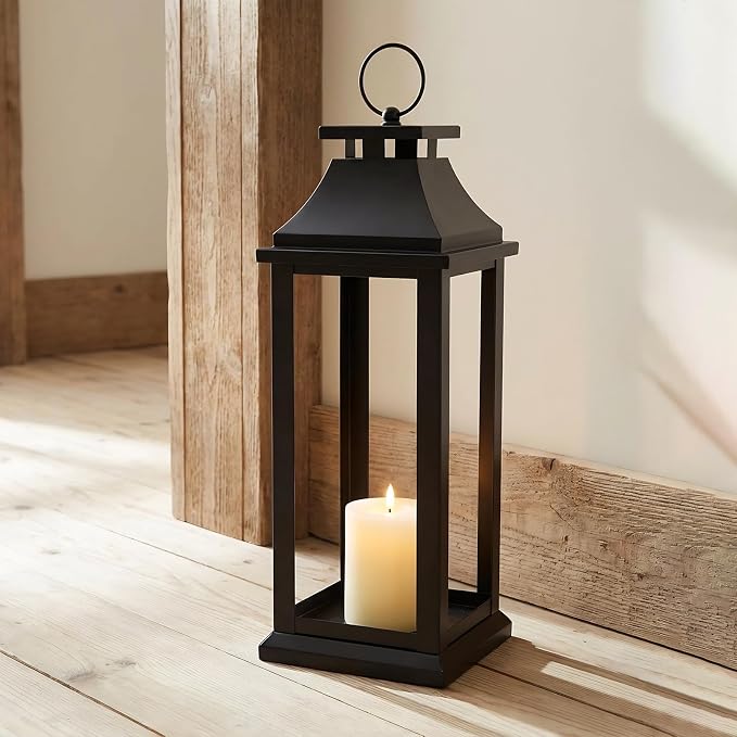 Modern Farmhouse Black Lantern Candle Holder – 18” Hanging Decorative Lantern for Indoor & Outdoor Home Décor – Ideal for Parties, Weddings, Porches, and Events (No Glass Panel), Size Medium