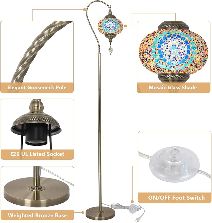 LAMSU Turkish Floor Lamp, Modern Moroccan Lamps for Living Room with Handmade Mosaic Glass Shade, Vintage Floor Lamp Tall Pole Lamp, Bronze Tiffany Standing Lamps for Bedroom Corner Light