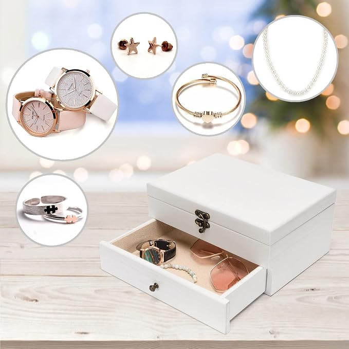 Pinzoveco Jewelry Box for Women, Rustic Wooden Jewelry Organizer Box for Storage Earrings Rings Necklace Bracelet, Farmhouse Style Wood Jewelry Boxes & Organizers (White)