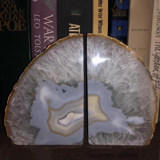 JIC Gem Natural Agate Geode Bookends Rubber Bumpers Shelf Decor 2-3 Lbs | 1 Pair Decorative Stone Book Holders for Shelves,Crystal Bookends with Anti-Slip Rubber,Small Book Stoppers for Decor Gift