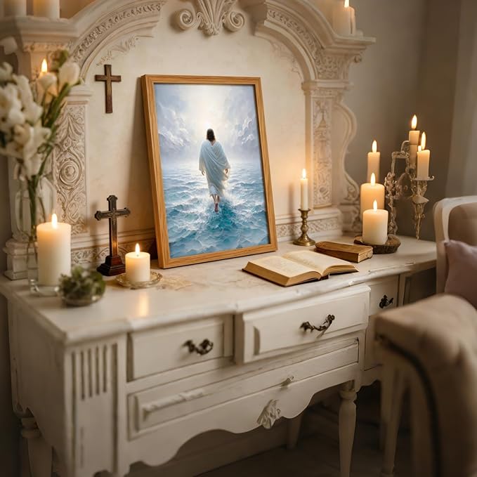 AUUAUU Jesus Walks on Water Wall Art Christian Canvas Painting 16x24 Inches