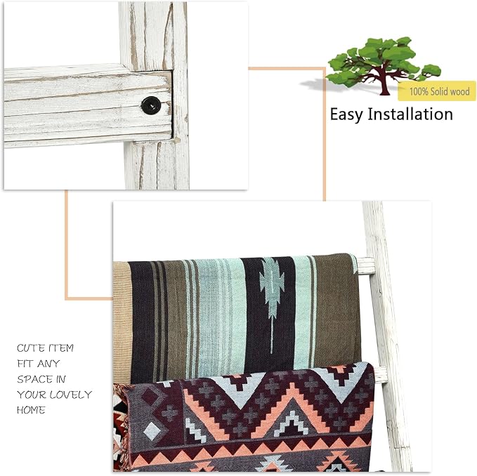 FUIN Blanket Ladder, 38in Extra Wide Solid Wood Rustic Decor Rack, White | 6.4 ft high and 38 in wide, farmhouse quilt display ladders, organize blankets, leaning wall, bathroom and living room use