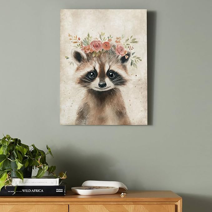 Cute Raccoon Print Wall Art Decor Retro Animal Portrait Poster Funny Raccoon with Wreath Picture Painting Farmhouse Woodland Animal Artwork for Baby Room Nursery Home Office Decoration 12x16inch