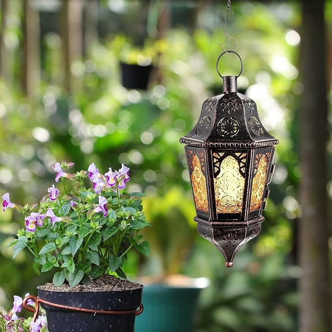 Moroccan Lantern Decorative Indoor & Outdoor, 13.6’’ Vintage Decorative Hanging Lanterns with Chain for Home Porch Patio Decor, Metal Christmas Ramadan Candle Holder Decorations (Amber)