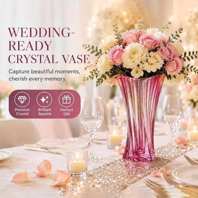 Crystal Glass Vase – Heavy Crystal Vase for Flowers with Weighted Bottom, Thick Durable Decorative Vases for Modern Home Decor, 9.8″ 3.5lb Clear Centerpiece (Gradient Pink X 2)