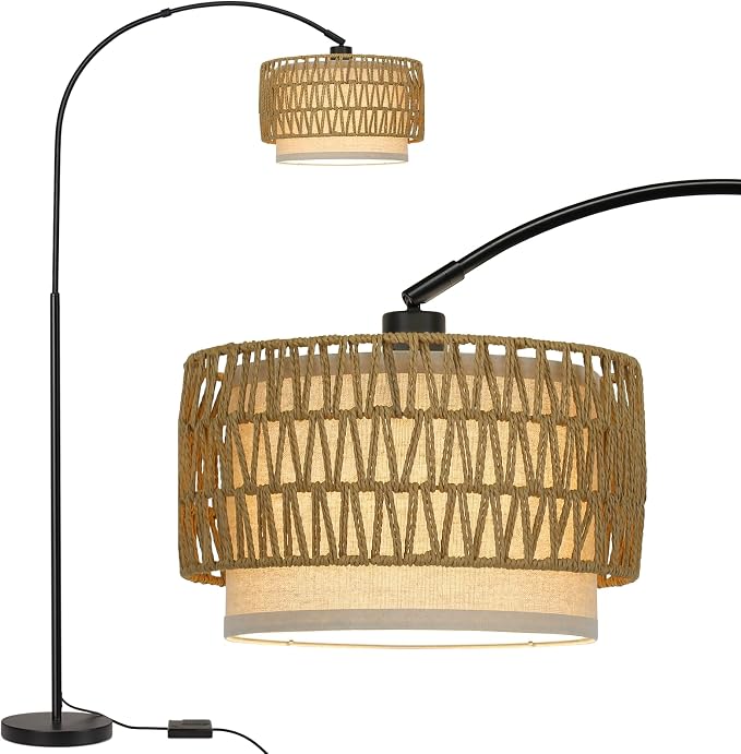 Rattan Floor Lamp, Dimmable Arc Floor Lamps with Adjustable Head
