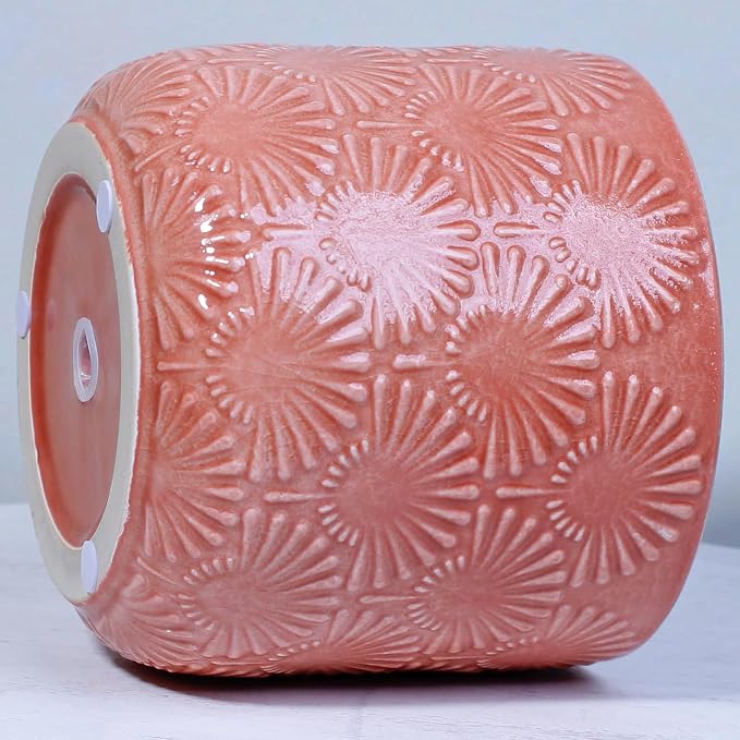 Boho Ceramic Flower Pot, 6.7" Modern Planter for Indoor Outdoor Plants | Decorative Glazed Embossed Fanburst Texture Plant Pot with Drainage Hole & Plug, Bohemian Chic Home Garden Decor, Coral Blush