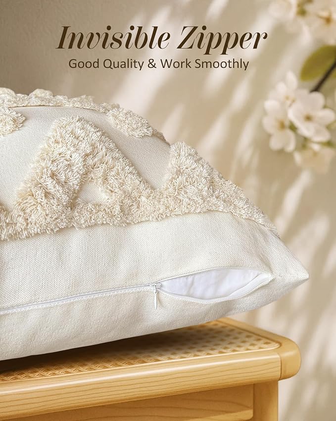 Lumbar Pillow Covers 12x20 - Tufted Boho Decorative Throw Pillow Cover with Zipper for Couch Sofa Bed Living Room Soft Aesthetic Farmhouse Textured Striped Oblong Pillowcase, Cream Tassel