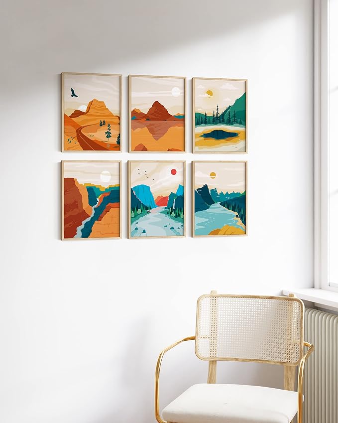 HAUS AND HUES National Parks Posters Set of 6 Landscape Pictures, Nature Prints Mountain Painting Abstract Nature Wall Art, Scandinavian Wall Art Mountains (16x20, Unframed)