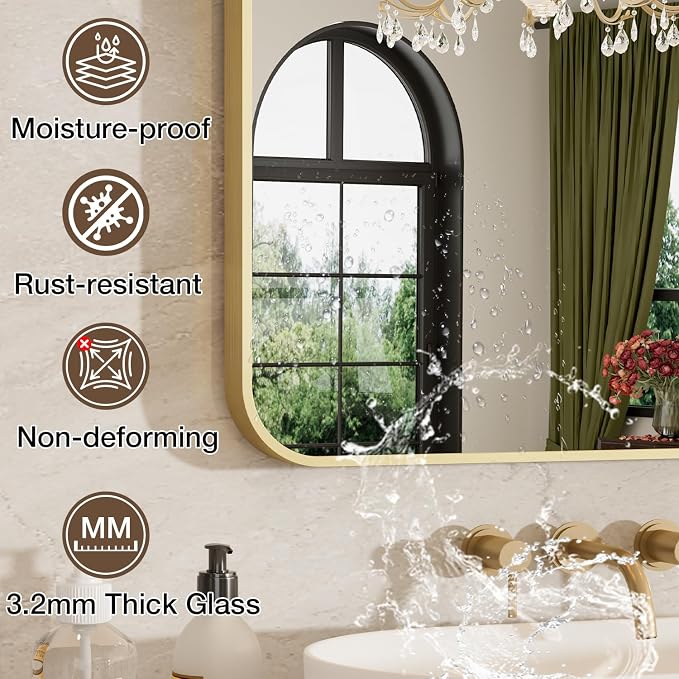 30"x36" Bathroom Mirror for Over Sink, Brushed Gold Rectangle Vanity Mirror | Aluminum Alloy Frame, Clear Reflection, Rust-Resistant, Vertical or Horizontal, Wall Mount, Bedroom and Entryway