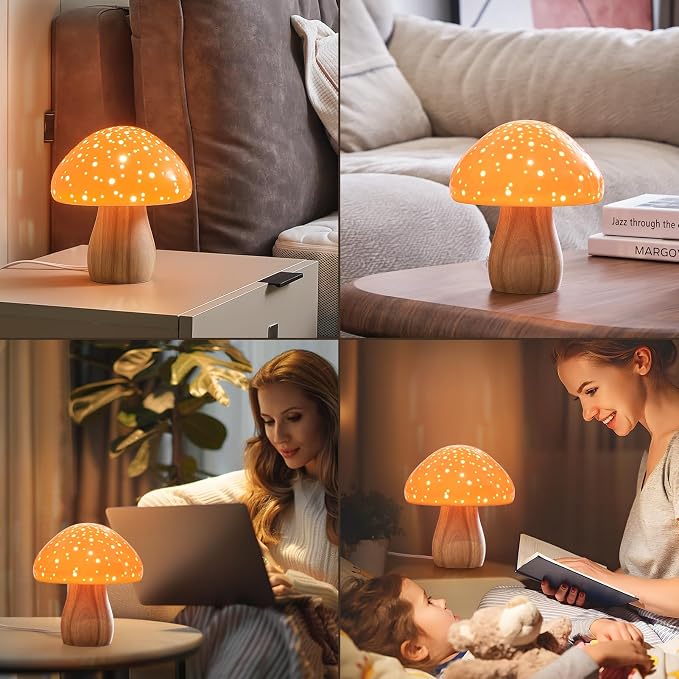 BOHON Mushroom Lamp Ceramic Bedside Table Lamp for Bedroom Orange
