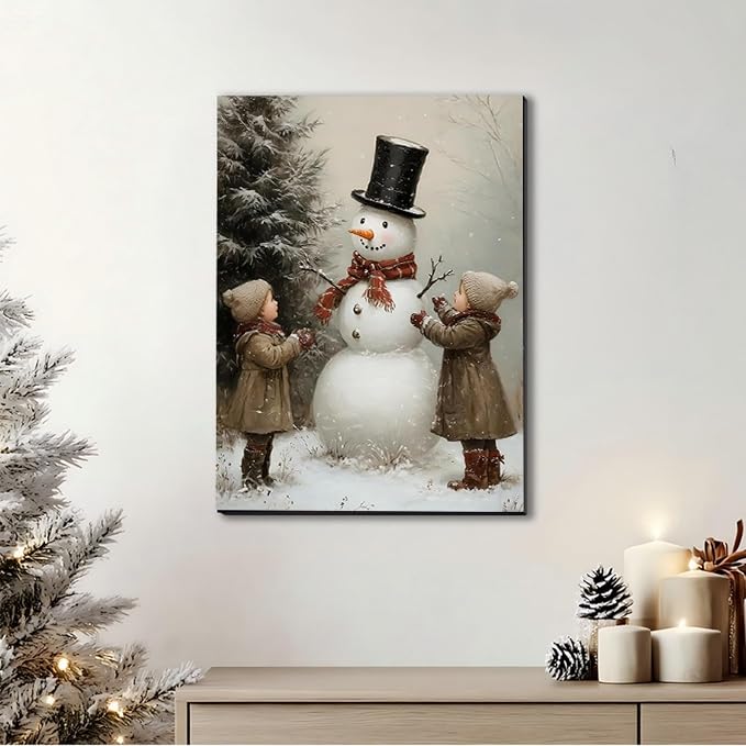 Framed Christmas Decoration 16x24 inch, Vintage Christmas Snowman Boys Xmas Wall Art Prints, Vintage Christmas Pictures Artwork, Farmhouse Christmas Wall Decor for Home Indoor