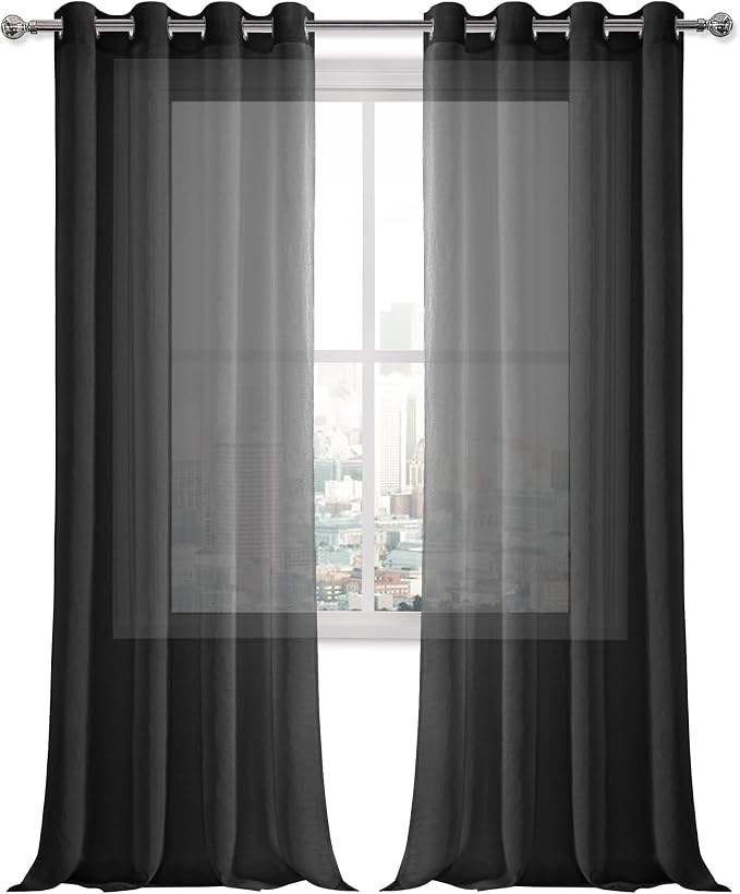 DWCN Black Sheer Curtains, Faux Linen Grommet Window Sheer Curtains 90 Inches Long, Voile Sheer Window Drapes for Living Room and Funeral/Gothic Wedding Set of 2 Gray Panels 52 x 90 Inch Long, Black