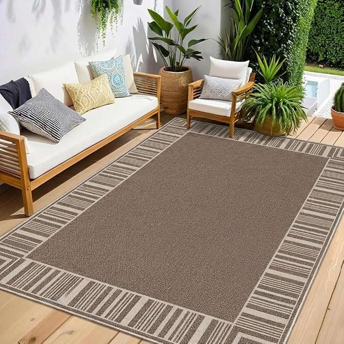 COZYLOOM Washable Rugs 8x10 Easy Jute Area Rug for Living Room, Non Slip Non Shedding Modern Bordered Carpet Stain Resistant Foldable Neutral Striped Mats for Bedroom, Dining Room, Patio, RV, Taupe