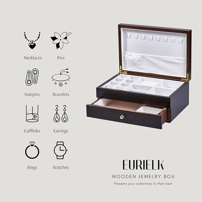Wooden Jewelry Box with Drawer, 2-Layer Organizer, ek15-m-dark | Medium Size, Real Natural Solid Wood, Vintage Style Case with Earring Storage, Ring Compartments, and Necklace Hooks
