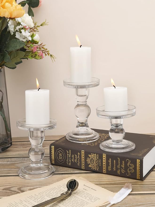 Lewondr Glass Candle Holders, Pillar Candle Holder, 3 Pcs, Crystal Clear