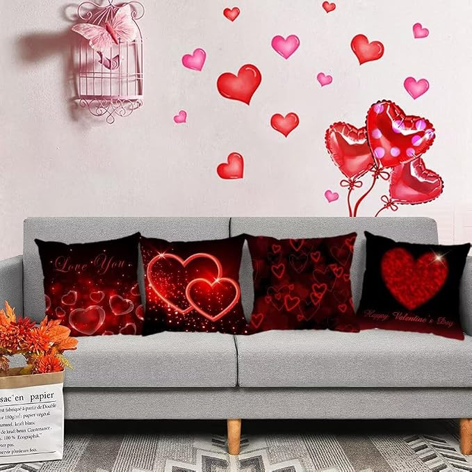 YeeJu Happy Valentines Day Pillow Covers 18x18 Set of 4 Red Love Heart Gnome Pillow Cases Velvet Wedding Anniversary Love You Cushion Covers for Outdoor Couch Sofa Decoration(18 Inch)