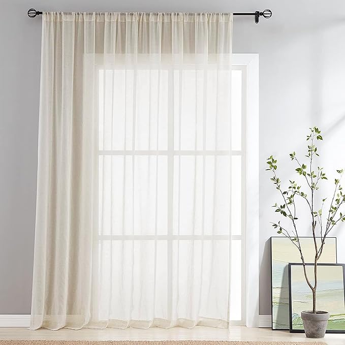 FMFUNCTEX Beige Linen Sheer Curtains,100X84 Inches, Extra Wide, 1 Panel | Semi Sheer Drapes , Sliding Glass Door Window Curtain, Patio Glass Door, for Bedroom Living Room, Rod Pocket, Flax Linen