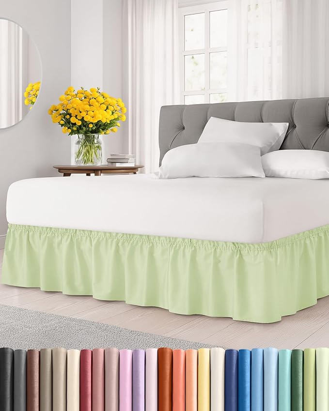 Wrap Around Dust Ruffle Bed Skirt - Light Sage Green - for King Size Beds w/ 9 Inch Drop - Easy Fit Elastic Strap - Adjustable Pleated Bedskirt Brushed Fabric - Wrinkle-Free - Women, Men, Kids & Teens