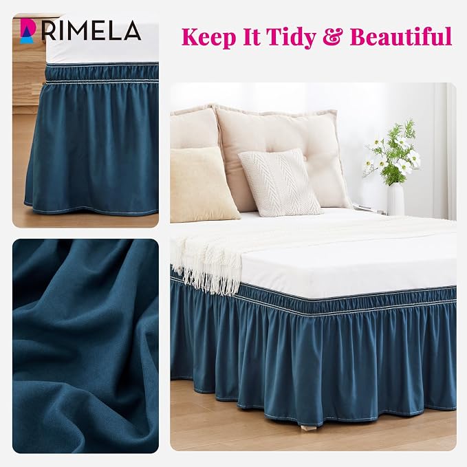 Dusty Navy Bed Skirt Queen Size 18" Drop, Elastic Wrap Around Bedskirt | Solid Ruffled, Easy to Use, No Mattress Lifting, Wrinkle & Fade Resistant, with Adhesive Strips, Machine Wash/Dry/Iron