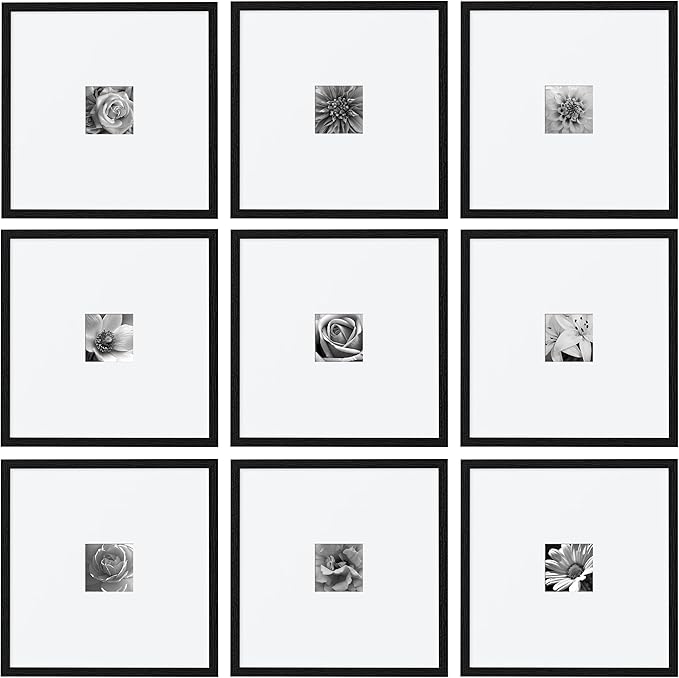 eletecpro Picture Frames Set of 9, 16x16 in, Acrylic Cover, Black | Display 4x4 with Mat or 16x16 without, Square Gallery Collage, Wall Mount, Minimalist Home Decor, Engineered Wood