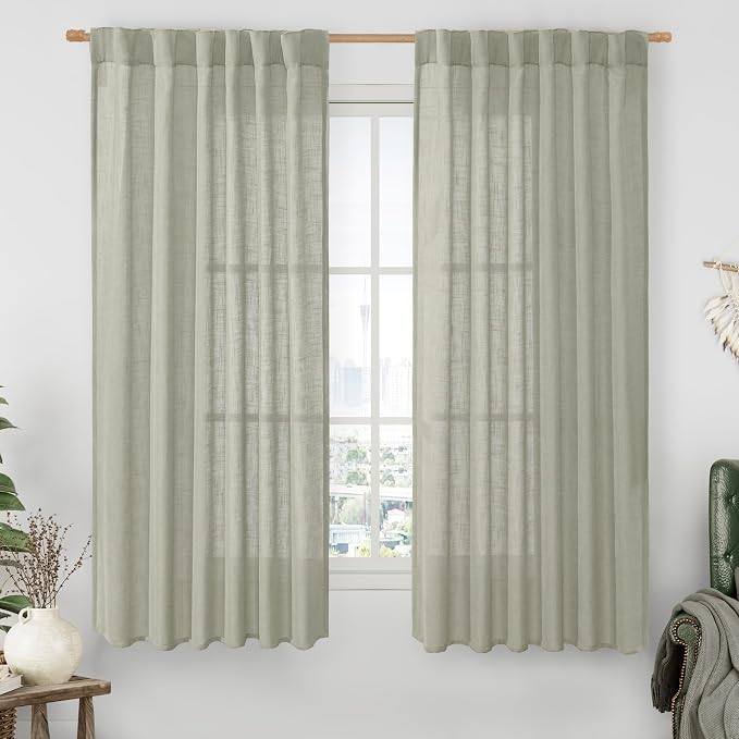 Sage Grey Semi Sheer Linen Curtains 63 Inch for Bedroom Living Room | Light Filtering, Neutral Farmhouse Boho Curtains, Room Decor Panels for Window, Rod Pocket Back Tab, 2 Panels, 52 x 63 Inch